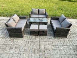 Rackhams Outdoor U Shape Sofa Set Wicker PE Rattan Garden Furniture Set with Coffee Table Double Seat Sofa 2 Small Footstools Dark Grey Mixed - thumbnail 1