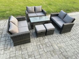 Rackhams Outdoor U Shape Sofa Set Wicker PE Rattan Garden Furniture Set with Coffee Table Double Seat Sofa 2 Small Footstools Dark Grey Mixed - thumbnail 2