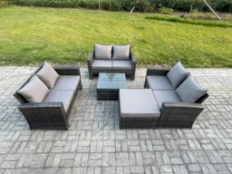 Rackhams 7 Seater Rattan Wicker Garden Furniture Patio Conservatory Sofa Set with Square Coffee Table Double Seat Sofa Big Footstool - thumbnail 1