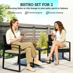 Rackhams Rattan Bistro Set, 3 PCS Garden Furniture with Cushion, Khaki - thumbnail 4