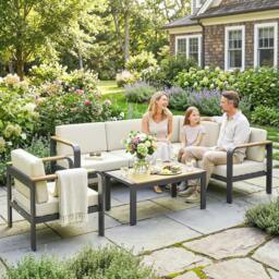 Rackhams Garden Furniture Set with L-Shaped Sofa, Armchair and Table - Aluminium, Olefin, PS wood - Beige - 3 piece set - thumbnail 1
