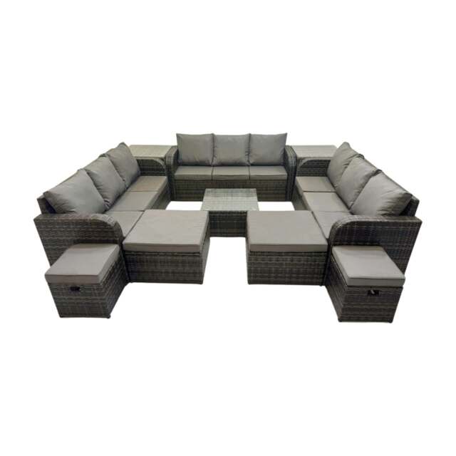 Rackhams Rattan Garden Outdoor Furniture Set 3 Seater Sofa Square Coffee Table Set with 4 Stools 2 Side Table Dark Grey Mixed - image 1