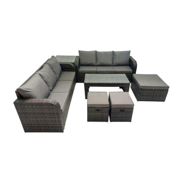 Rackhams Rattan Garden Outdoor Furniture Set 3 Seater Sofa Coffee Table with 3 Footstools Side Table Dark Grey Mixed - image 1