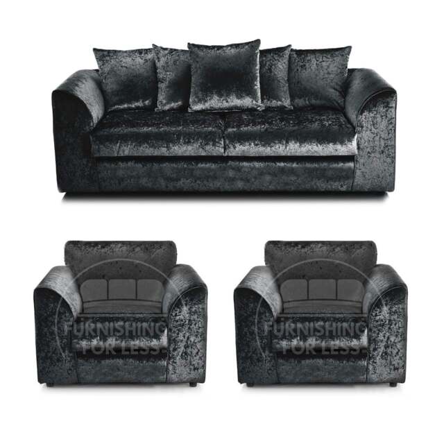 Rackhams Crystal Crushed Velvet 3 Seater and 2 Armchairs Scatter Back - Black - image 1