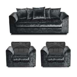 Rackhams Crystal Crushed Velvet 3 Seater and 2 Armchairs Scatter Back - Black