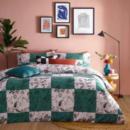Rackhams Mythos Reversible Checkerboard Duvet Cover Set - Green/Natural - Single - Green/Natural - 50% Cotton/50% Polyester