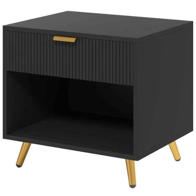 Rackhams Elegant Bedside Table, with Drawer and Shelf - Black/Gold Tone
