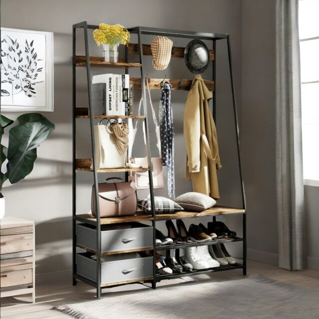 Rackhams Industrial Coat Rack Stand With 2 Fabric Drawers & 9 Hooks - image 1