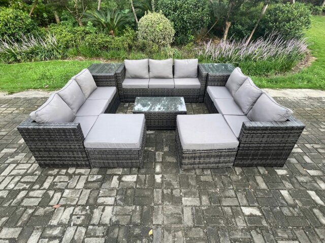Rackhams Outdoor Lounge Sofa Set Wicker PE Rattan Garden Furniture Set with Oblong Coffee Table 2 Side Tables 2 Big Footstool 11Seater Dark Grey Mixed - image 1