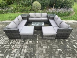 Rackhams Outdoor Lounge Sofa Set Wicker PE Rattan Garden Furniture Set with Oblong Coffee Table 2 Side Tables 2 Big Footstool 11Seater Dark Grey Mixed - thumbnail 2