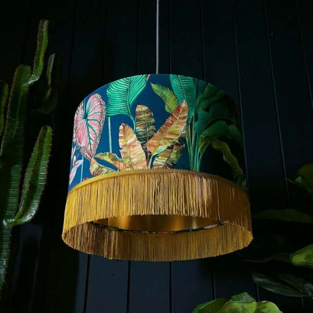 "Rackhams Magic Fruits Lampshade With Gold Lining and Antique Gold Fringing - Ceiling Pendant / Arc Lamp - 30cm Diameter x 25cm Height (12"" x 10"")" - image 1