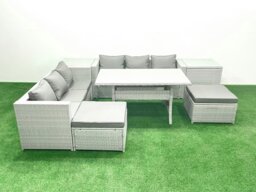 Rackhams Rattan Garden Furniture Set 8 Seater Outdoor Sofa Set with Dining Table 2 Side Tables 2 Big Footstools Light Grey Mixed - thumbnail 2