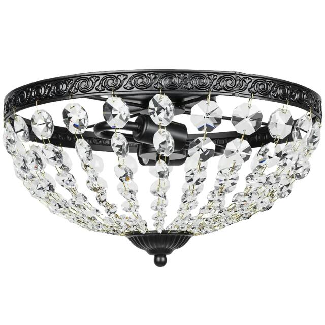 Rackhams Crystal Chandelier Ceiling Light with 168 Octagonal Beads, Vintage 2-Light Flush Mount Ceiling Light, Black