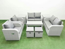 Rackhams 8 Seater Outdoor Reclining Chair Love Sofa Set Rattan Garden Furniture Set with Oblong Coffee Table 2 Stools 2 Side Table Light Grey - thumbnail 1