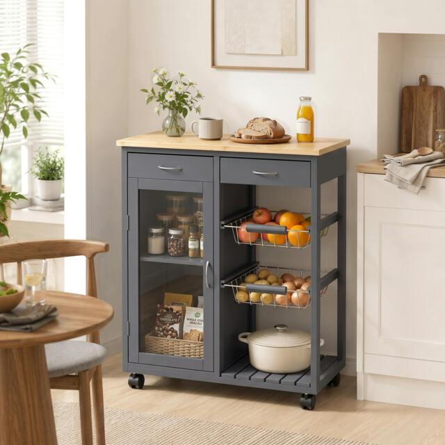 Rackhams Bamboo Kitchen Island with Glass Door, 2 Metal Wire Baskets, Grey - image 1