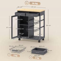 Rackhams Bamboo Kitchen Island with Glass Door, 2 Metal Wire Baskets, Grey - thumbnail 3