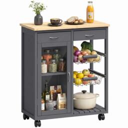 Rackhams Bamboo Kitchen Island with Glass Door, 2 Metal Wire Baskets, Grey - thumbnail 2