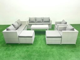 Rackhams Outdoor Garden Furniture Rattan Sofa Set with 2 Armchairs Oblong Coffee Table 2 Big Footstools Light Grey Mixed - thumbnail 2