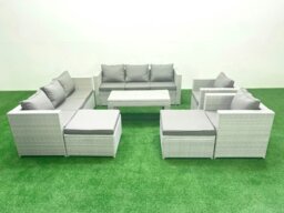 Rackhams Outdoor Garden Furniture Rattan Sofa Set with 2 Armchairs Oblong Coffee Table 2 Big Footstools Light Grey Mixed - thumbnail 1