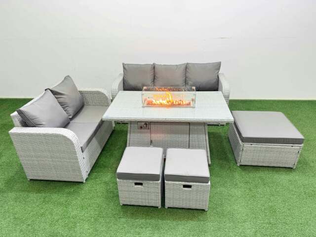 Rackhams 8 Seater PE Rattan Wicker Garden Furniture Patio Conservatory Sofa Set with Fire Pit Dining Table 3 Seater Sofa Love Sofa 3 Stool - image 1