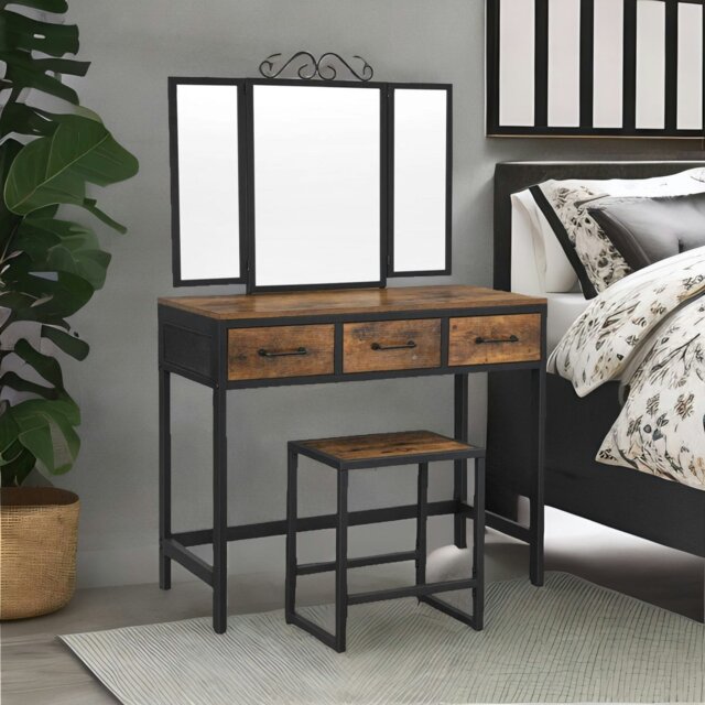 Rackhams Industrial Rustic Brown Dressing Table With Mirror And Stool - image 1