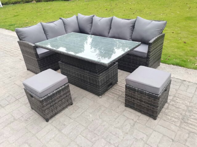 Rackhams High Back Corner Rattan Garden Furniture Sofa Dining Rising Table Height Adjustable 8 Seater 2 Small Footstools - image 1