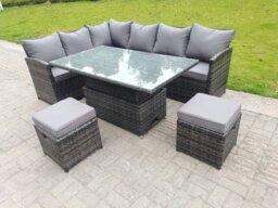 Rackhams High Back Corner Rattan Garden Furniture Sofa Dining Rising Table Height Adjustable 8 Seater 2 Small Footstools - thumbnail 1