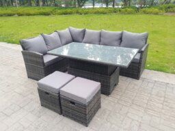 Rackhams High Back Corner Rattan Garden Furniture Sofa Dining Rising Table Height Adjustable 8 Seater 2 Small Footstools - thumbnail 2