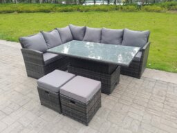 Rackhams High Back Corner Rattan Garden Furniture Sofa Dining Rising Table Height Adjustable 8 Seater 2 Small Footstools - thumbnail 4