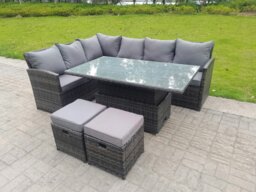 Rackhams High Back Corner Rattan Garden Furniture Sofa Dining Rising Table Height Adjustable 8 Seater 2 Small Footstools - thumbnail 3