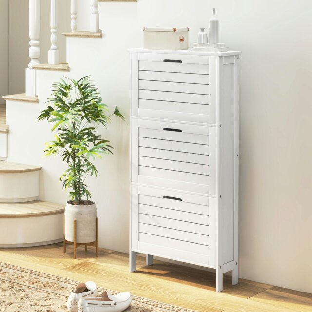 Rackhams Narrow Shoe Storage Cabinet with 3 Flip Drawers, White - White - Painted - MDF - image 1