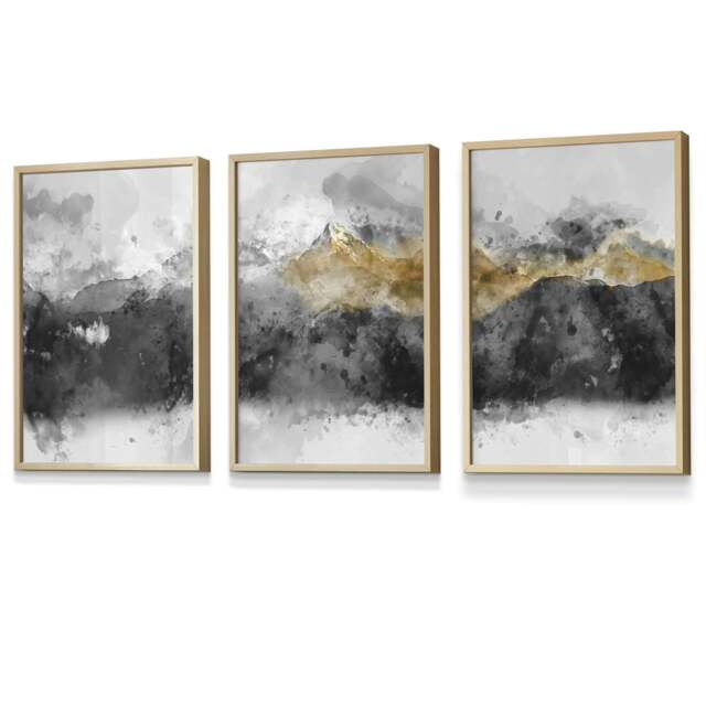 Rackhams Set of 3 Abstract Mountains Black & Grey Framed Wall Art - 30x42cm (A3) - Light Oak - image 1