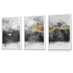Rackhams Set of 3 Abstract Mountains Black & Grey Framed Wall Art - 30x42cm (A3) - Light Oak - thumbnail 3