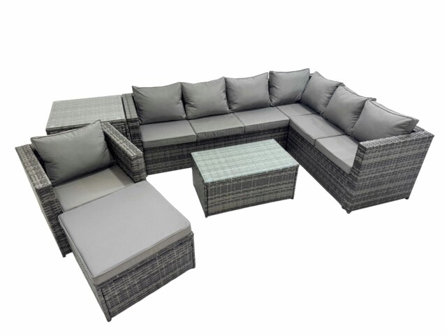 Rackhams Patio Sofa Oblong Coffee Table Set Rattan Garden Furniture Set with Big Stool Chair Side Table Dark Grey Mixed - image 1