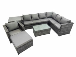 Rackhams Patio Sofa Oblong Coffee Table Set Rattan Garden Furniture Set with Big Stool Chair Side Table Dark Grey Mixed - thumbnail 1