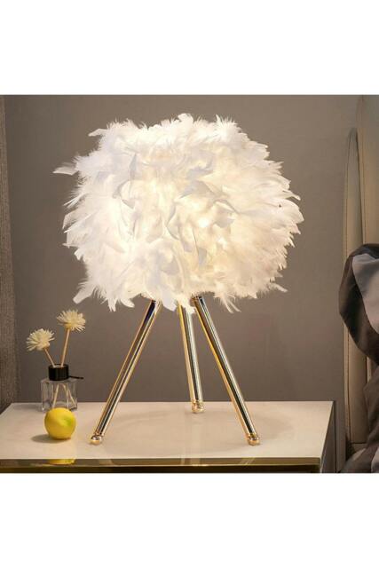 Rackhams White Feather Lampshade Tripod Table Lamp Fixtures Decor - Warm Light - Multi - One Size - image 1