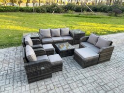 Rackhams 10 Seater Garden Furniture Set Rattan Outdoor Lounge Sofa Chair With Tempered Glass Table 3 Footstools 2 Side Tables Dark Grey Mixed - thumbnail 1