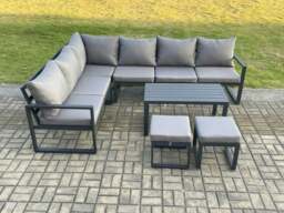 Rackhams Aluminium Garden Furniture Set Outdoor Indoor Lounge Corner Sofa Oblong Coffee Table Sets with 2 Small Footstools Dark Grey - thumbnail 2