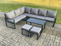Rackhams Aluminium Garden Furniture Set Outdoor Indoor Lounge Corner Sofa Oblong Coffee Table Sets with 2 Small Footstools Dark Grey - thumbnail 1