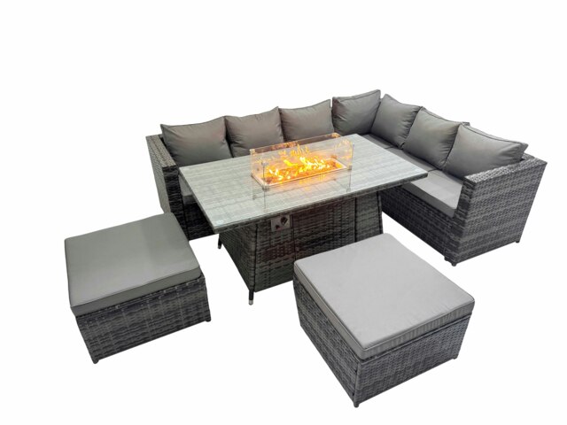 Rackhams Garden Rattan Furniture Set 8 Seater Outdoor Corner Sofa Gas Fire Pit Dining Table Set with 2 Big Stools Dark Grey - image 1