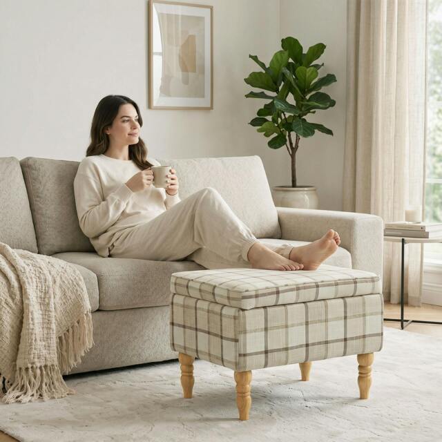 Rackhams Linen Fabric Upholstered Footstool with Removable Top, Brown - image 1
