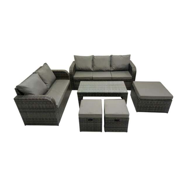 Rackhams Rattan Garden Outdoor Furniture Set 3 Seater Sofa Love Sofa Coffee Table with 3 Footstools Dark Grey Mixed - image 1