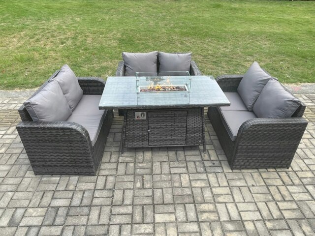 Rackhams Rattan Outdoor Garden Furniture Sofa Set Gas Fire Pit Dining Table Gas Heater with Love Sofa Dark Grey Mixed - image 1