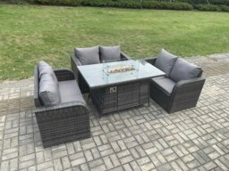 Rackhams Rattan Outdoor Garden Furniture Sofa Set Gas Fire Pit Dining Table Gas Heater with Love Sofa Dark Grey Mixed - thumbnail 2