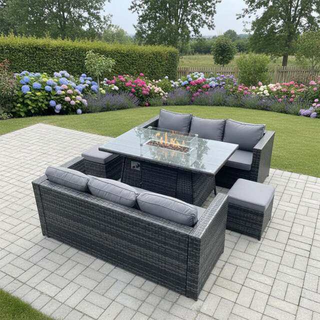 Rackhams 8 Seater Rattan Garden Furniture Set with Gas Fire Pit Dining Table, 2 Sofas & 2 Footstools - Dark Grey - image 1