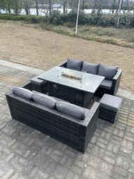 Rackhams 8 Seater Rattan Garden Furniture Set with Gas Fire Pit Dining Table, 2 Sofas & 2 Footstools - Dark Grey - thumbnail 2