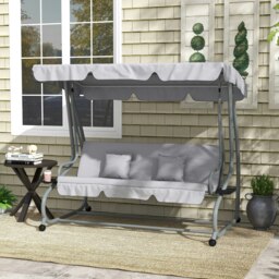 Rackhams 2-in-1 Garden Swing Chair for 3 Person w/ Adjustable Canopy, Grey - Light Grey - 1 - Swing bench - thumbnail 1