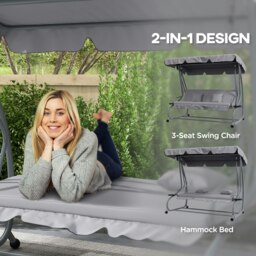 Rackhams 2-in-1 Garden Swing Chair for 3 Person w/ Adjustable Canopy, Grey - Light Grey - 1 - Swing bench - thumbnail 4