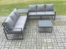 Rackhams Aluminium 4 Pieces Garden Furniture Sofa Set with Cushions 6 Seater Outdoor Patio Set with Square Coffee Table Side Table Dark Grey - thumbnail 1