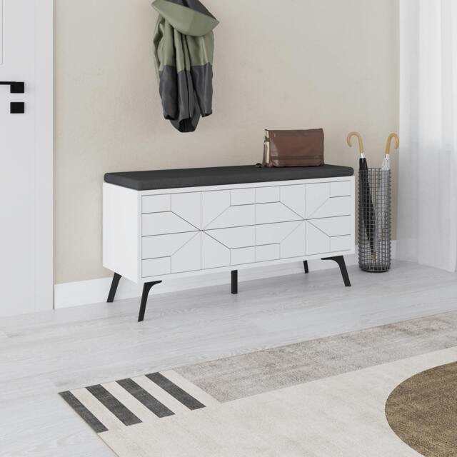 Rackhams Modern Dune Shoe Storage Bench with Fabric Seat 4 Doors Cabinet 107(W)cm Metal Legs Organizer Hallway - White - image 1